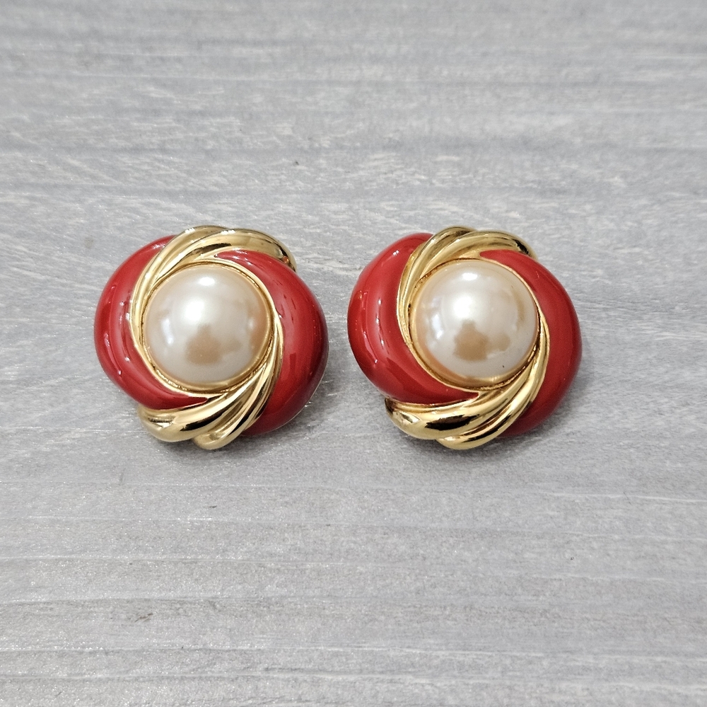 Vintage St. John Red Enamel Faux Pearl Clip On Earring
